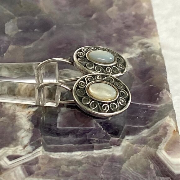 Sterling Silver 925 Dainty Oval White Mother Of Pearl Dangle Earrings - Picture 3 of 16